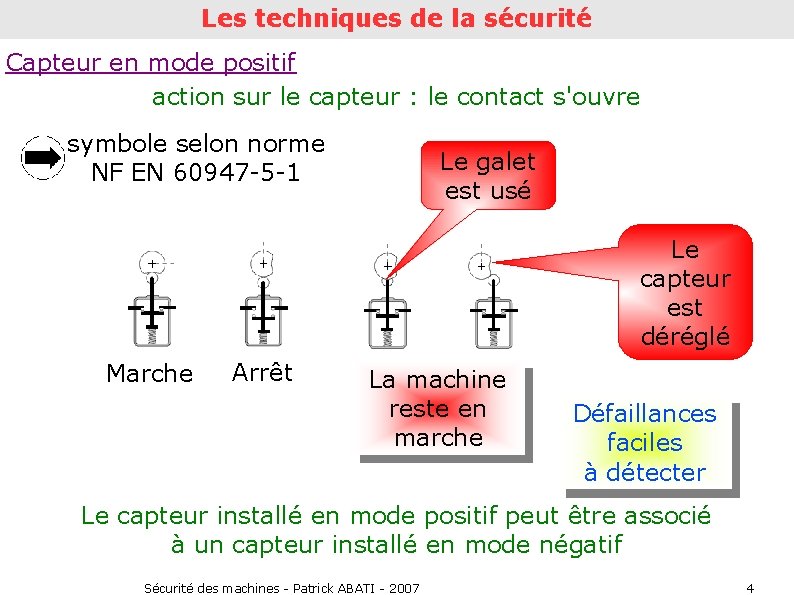 Les techniques de la sécurité Capteur en mode positif action sur le capteur :