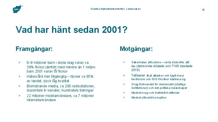 Svenska Afghanistankommittén | www. sak. se Vad har hänt sedan 2001? Framgångar: > >