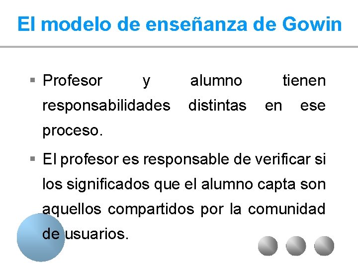 El modelo de enseñanza de Gowin § Profesor y responsabilidades alumno distintas tienen en