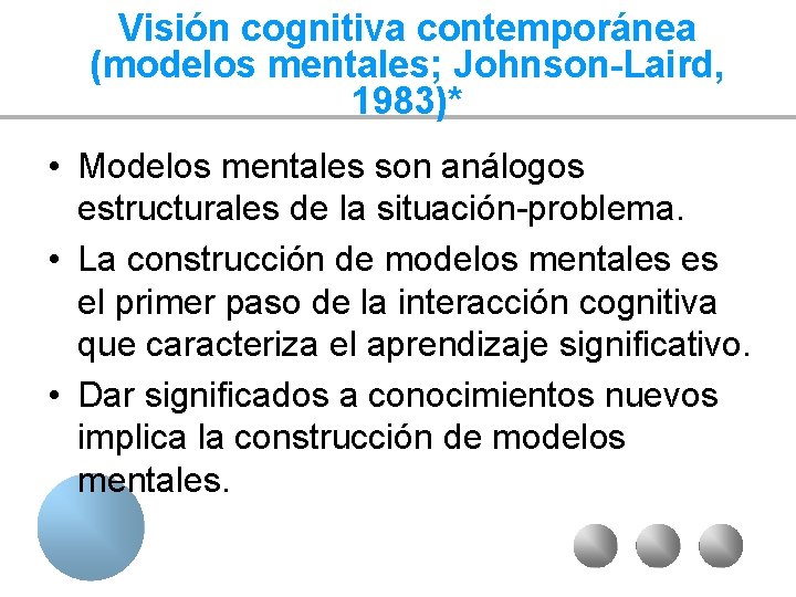 Visión cognitiva contemporánea (modelos mentales; Johnson-Laird, 1983)* • Modelos mentales son análogos estructurales de