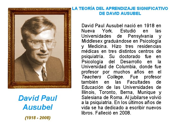 LA TEORÍA DEL APRENDIZAJE SIGNIFICATIVO DE DAVID AUSUBEL David Paul Ausubel (1918 - 2008)
