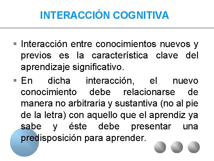 INTERACCIÓN COGNITIVA § Interacción entre conocimientos nuevos y previos es la característica clave del