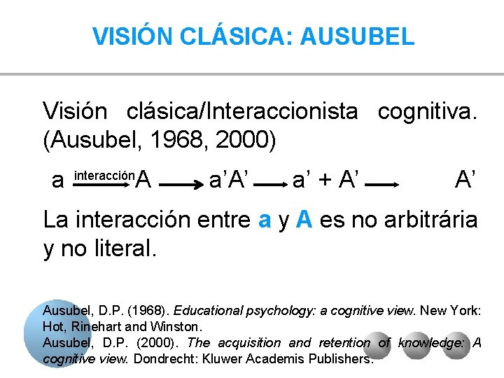 VISIÓN CLÁSICA: AUSUBEL Visión clásica/Interaccionista cognitiva. (Ausubel, 1968, 2000) a A interacción a’A’ a’