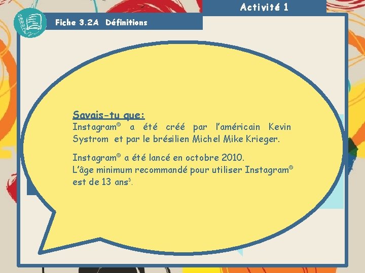 Activité 1 Fiche 3. 2 A Définitions Savais-tu que: Instagram© a été créé par