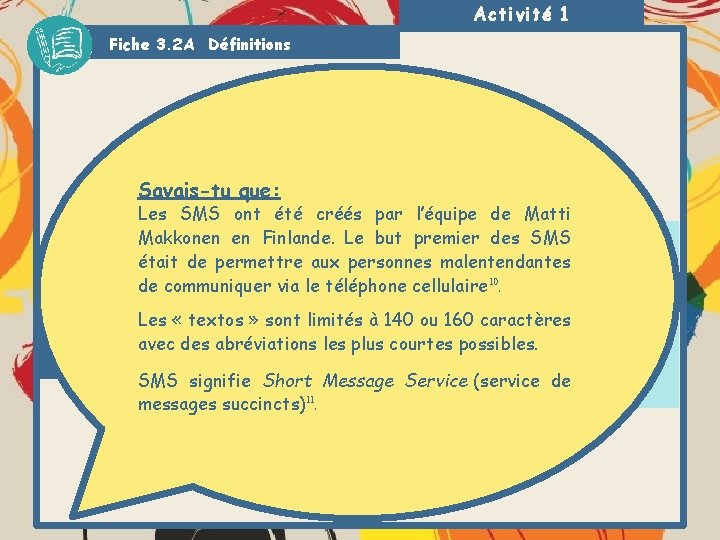Activité 1 Fiche 3. 2 A Définitions Savais-tu que: Les SMS ont été créés