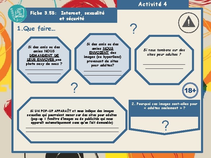 Activité 4 Fiche 3. 5 B: Internet, sexualité et sécurité 1. Que faire… Si