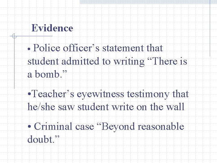 Evidence • Police officer’s statement that student admitted to writing “There is a bomb. Evidence • Police officer’s statement that student admitted to writing “There is a bomb.
