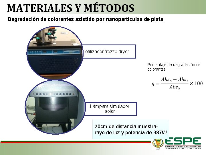 MATERIALES Y MÉTODOS Degradación de colorantes asistido por nanopartículas de plata Liofilizador frezze dryer