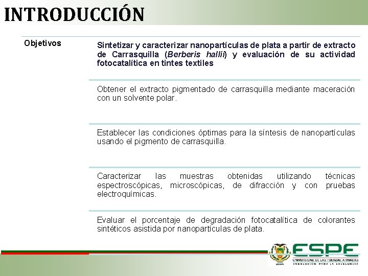INTRODUCCIÓN Objetivos Sintetizar y caracterizar nanopartículas de plata a partir de extracto de Carrasquilla