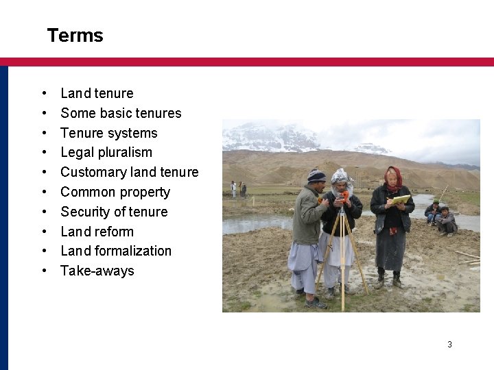 Terms • • • Land tenure Some basic tenures Tenure systems Legal pluralism Customary