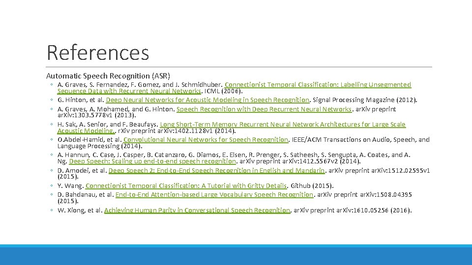 References Automatic Speech Recognition (ASR) ◦ A. Graves, S. Fernandez, F. Gomez, and J. References Automatic Speech Recognition (ASR) ◦ A. Graves, S. Fernandez, F. Gomez, and J.