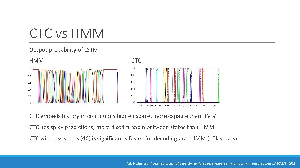 CTC vs HMM Output probability of LSTM HMM CTC embeds history in continuous hidden CTC vs HMM Output probability of LSTM HMM CTC embeds history in continuous hidden