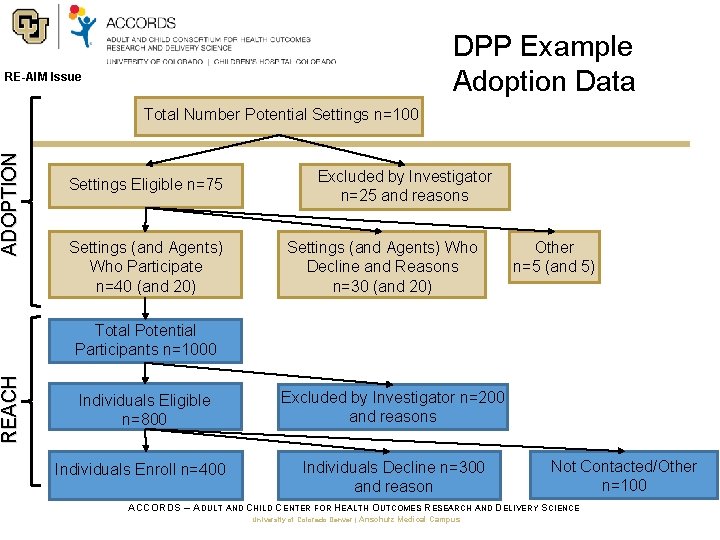 DPP Example Adoption Data REACH ADOPTION RE-AIM Issue Total Number Potential Settings n=100 Settings