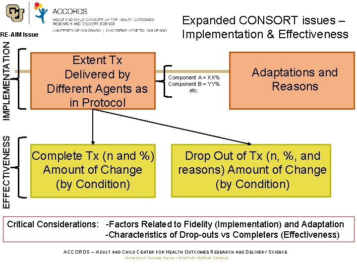 Expanded CONSORT issues – Implementation & Effectiveness EFFECTIVENESS IMPLEMENTATION RE-AIM Issue Extent Tx Delivered