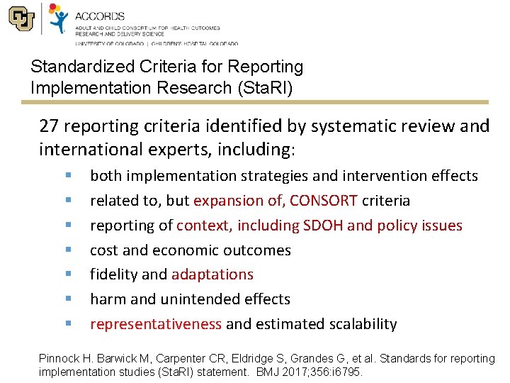 Standardized Criteria for Reporting Implementation Research (Sta. RI) 27 reporting criteria identified by systematic