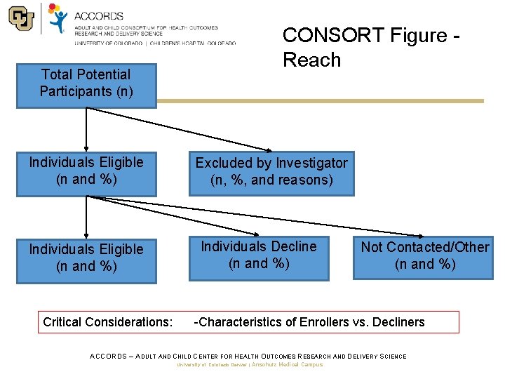 Total Potential Participants (n) Individuals Eligible (n and %) Critical Considerations: CONSORT Figure -