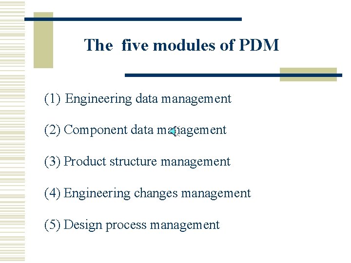 The five modules of PDM (1) Engineering data management (2) Component data management (3)