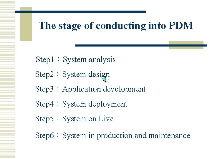 The stage of conducting into PDM Step 1：System analysis Step 2：System design Step 3：Application