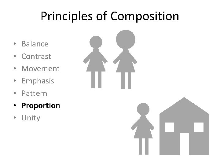 Principles of Composition • • Balance Contrast Movement Emphasis Pattern Proportion Unity 