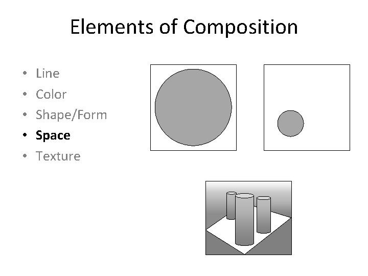 Elements of Composition • • • Line Color Shape/Form Space Texture 