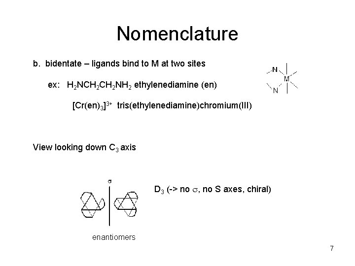 Nomenclature b. bidentate – ligands bind to M at two sites ex: H 2