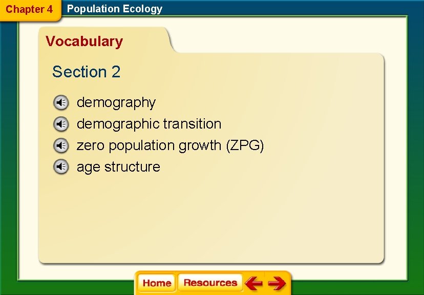 Chapter 4 Population Ecology Vocabulary Section 2 demography demographic transition zero population growth (ZPG)