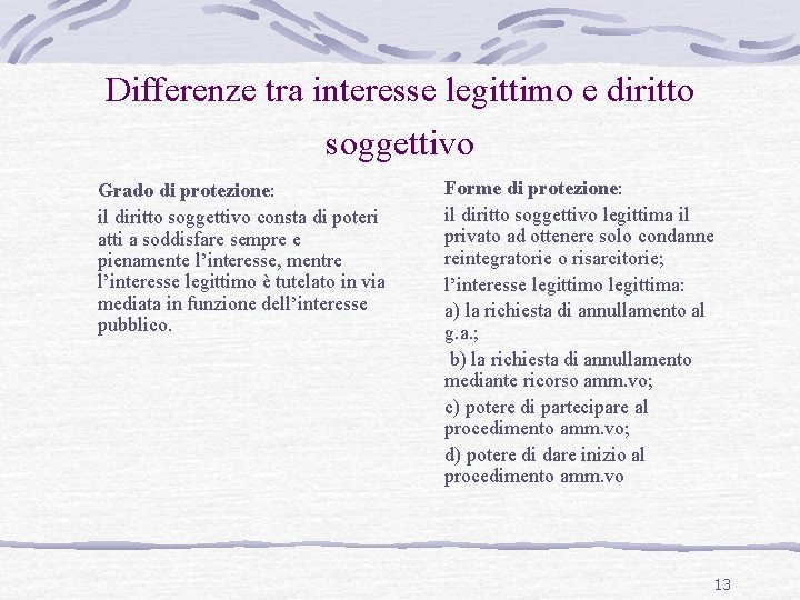 Differenze tra interesse legittimo e diritto soggettivo Grado di protezione: il diritto soggettivo consta