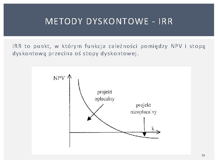 METODY DYSKONTOWE IRR to punkt, w którym funkcja zależności pomiędzy NPV i stopą dyskontową