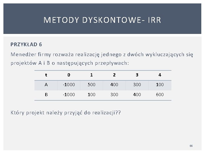 METODY DYSKONTOWE IRR PRZYKŁAD 6 Menedżer firmy rozważa realizację jednego z dwóch wykluczających się