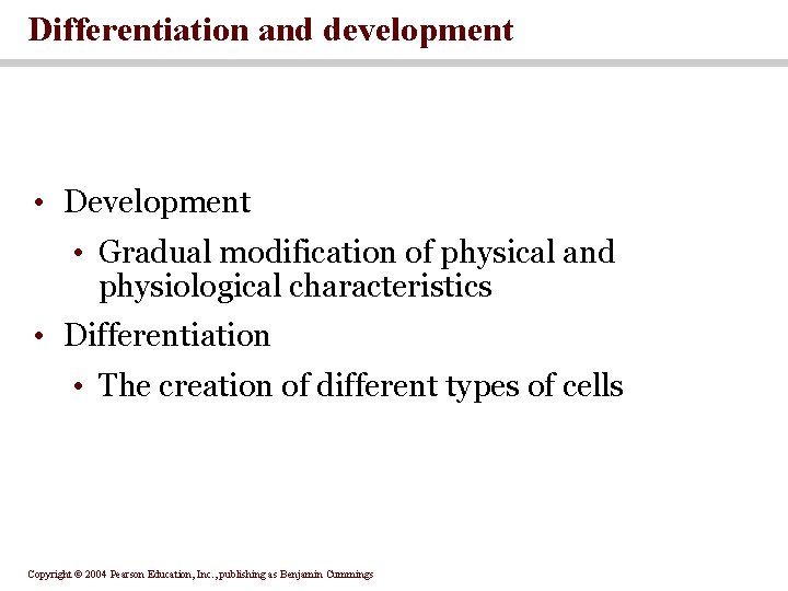 Differentiation and development • Development • Gradual modification of physical and physiological characteristics •