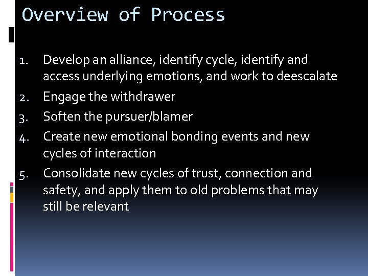 Overview of Process Develop an alliance, identify cycle, identify and access underlying emotions, and