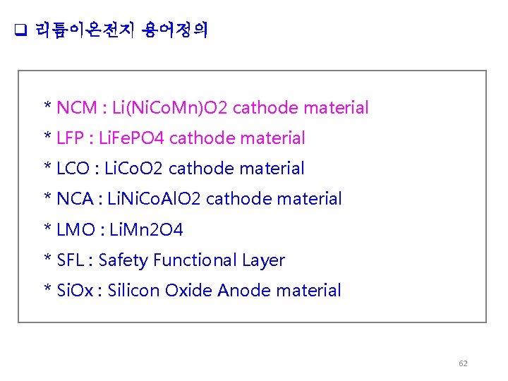 q 리튬이온전지 용어정의 * NCM : Li(Ni. Co. Mn)O 2 cathode material * LFP