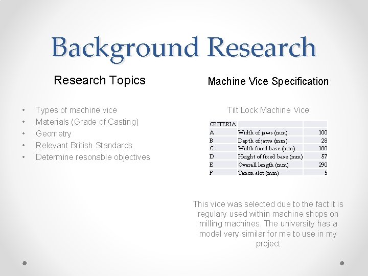 Background Research Topics • • • Types of machine vice Materials (Grade of Casting)