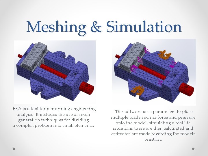 Meshing & Simulation FEA is a tool for performing engineering analysis. It includes the