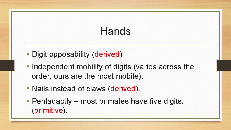 Hands • Digit opposability (derived) • Independent mobility of digits (varies across the order,