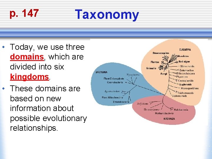 p. 147 Taxonomy • Today, we use three domains, which are divided into six