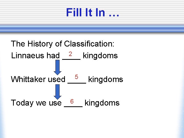 Fill It In … The History of Classification: 2 Linnaeus had ____ kingdoms 5