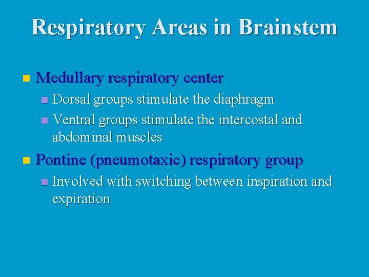 Respiratory Areas in Brainstem n Medullary respiratory center Dorsal groups stimulate the diaphragm n Respiratory Areas in Brainstem n Medullary respiratory center Dorsal groups stimulate the diaphragm n