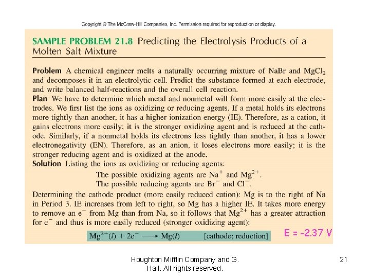 E = -2. 37 V Houghton Mifflin Company and G. Hall. All rights reserved.