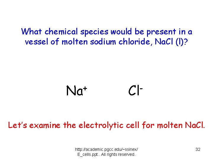 What chemical species would be present in a vessel of molten sodium chloride, Na.