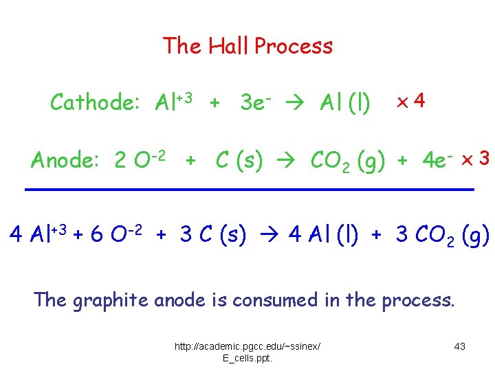 The Hall Process Cathode: Al+3 + 3 e- Al (l) x 4 Anode: 2