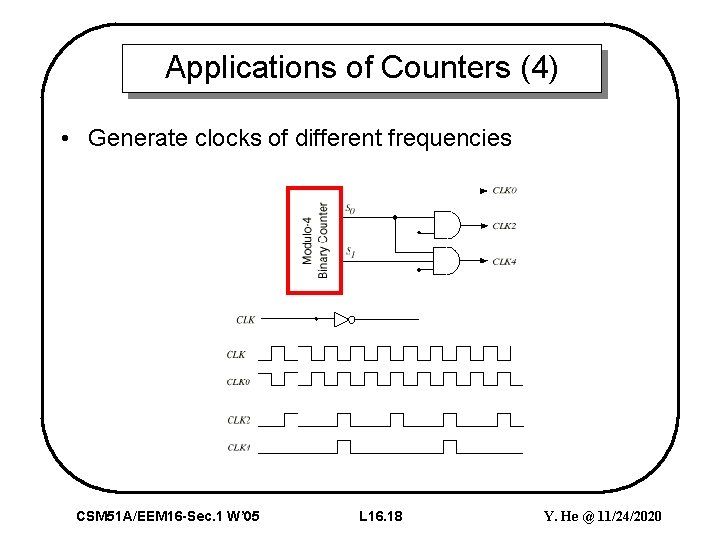 Applications of Counters (4) • Generate clocks of different frequencies CSM 51 A/EEM 16