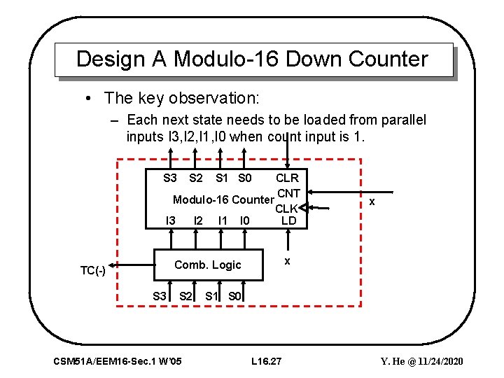 Design A Modulo-16 Down Counter • The key observation: – Each next state needs