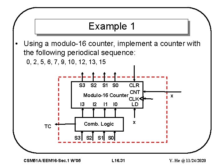 Example 1 • Using a modulo-16 counter, implement a counter with the following periodical