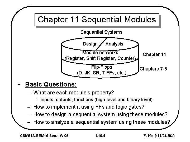 Chapter 11 Sequential Modules Sequential Systems Design Analysis Module networks (Register, Shift Register, Counter)