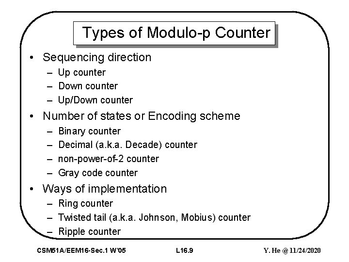 Types of Modulo-p Counter • Sequencing direction – Up counter – Down counter –