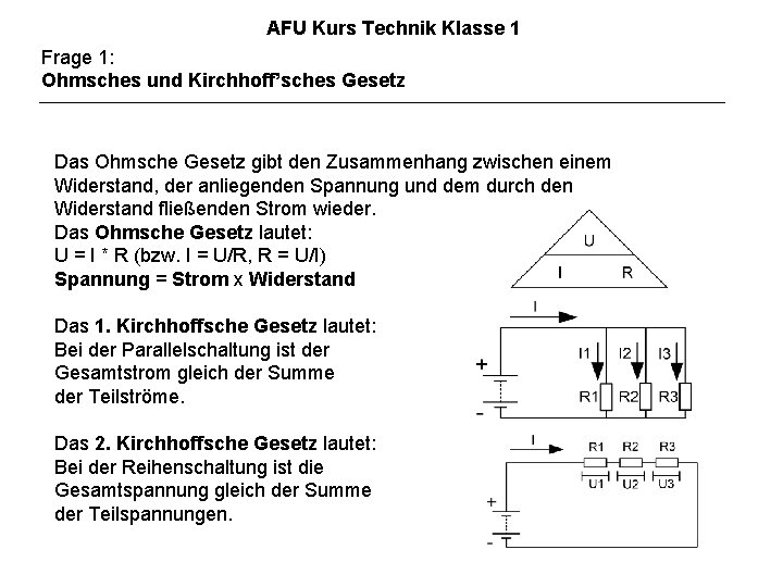 AFU Kurs Technik Klasse 1 Frage 1: Ohmsches und Kirchhoff’sches Gesetz Das Ohmsche Gesetz