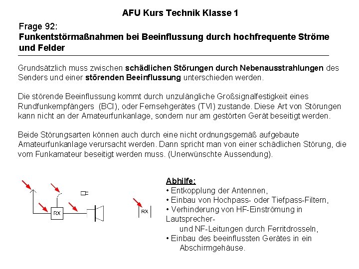 AFU Kurs Technik Klasse 1 Frage 92: Funkentstörmaßnahmen bei Beeinflussung durch hochfrequente Ströme und