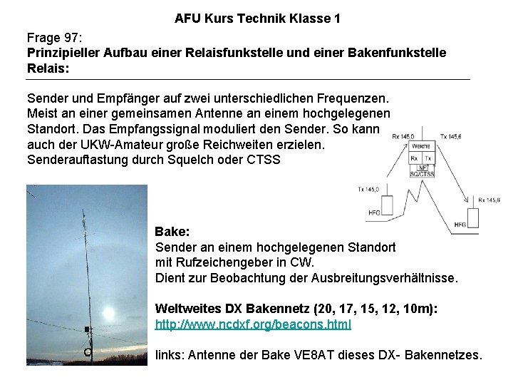 AFU Kurs Technik Klasse 1 Frage 97: Prinzipieller Aufbau einer Relaisfunkstelle und einer Bakenfunkstelle