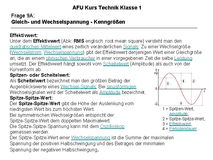 AFU Kurs Technik Klasse 1 Frage 9 A: Gleich- und Wechselspannung - Kenngrößen Effektivwert: